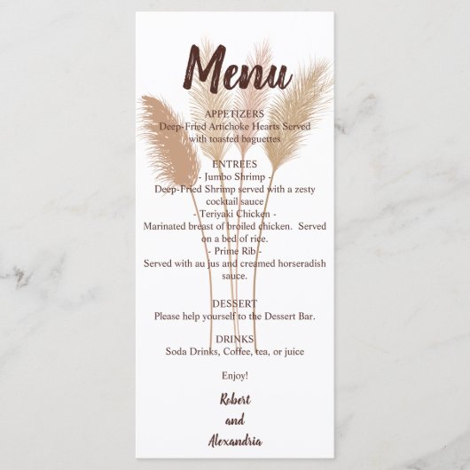 Het Menu van de Ontvangst van de bruiloft | Pampas (Voorkant)