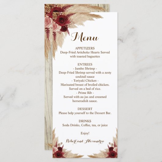 Het Menu van de Ontvangst van het huwelijk Pampas  (Voorkant / Achterkant)