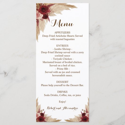 Het Menu van de Ontvangst van het huwelijk Pampas  (Voorkant)