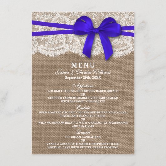 Het menu van de Rustic Blue Bow Trouwcollectie (Voorkant)