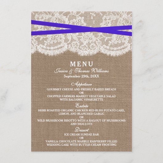 Het menu van de Rustic Blue Bow Trouwcollectie (Achterkant)