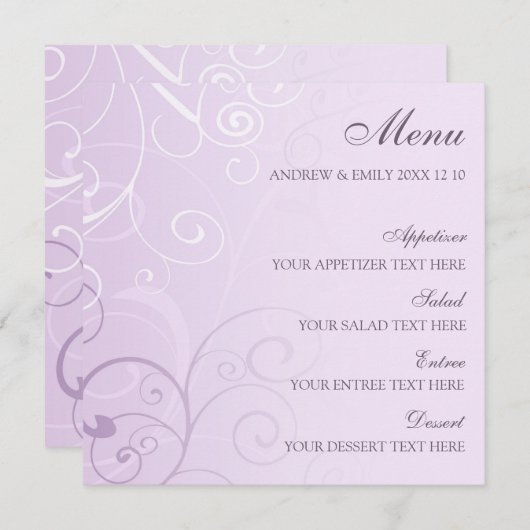 Het Menu van de Weddenschap lavender Swirls (Voorkant / Achterkant)