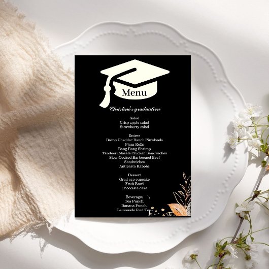 Het menu van het diner van de Whimsical Black Grad