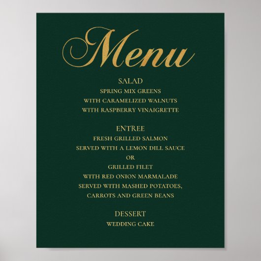 Het menu van het gouden trouwdiner. Groene elegant Poster (Voorkant)