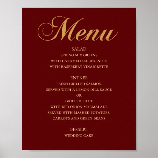 Het menu van het gouden trouwdiner. Maroon elegant Poster (Voorkant)