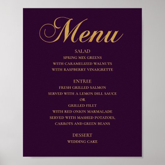 Het menu van het gouden trouwdiner. Paarse elegant Poster (Voorkant)