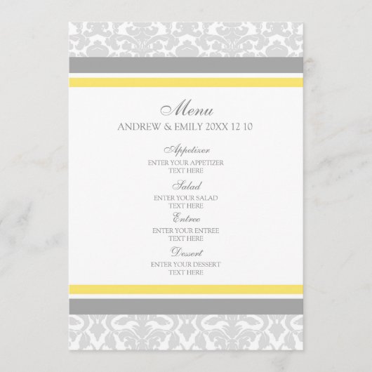 Het menu van het huwelijk Lemon Grey Floral Damask (Voorkant)