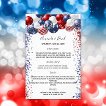 Het menu van het huwelijk patriottisch rood wit bl<br><div class="desc">Let op: dit menu staat op flyer paper en erg dun. Ga naar onze winkel voor dikkere menu's (hetzelfde ontwerp). Gedecorreerd met patriottische gekleurde ballonnen in rood blauw en wit,  blauw en rode sparkles. Witte achtergrond. Pas uw namen aan en voeg het menu van het trouwdiner toe.</div>