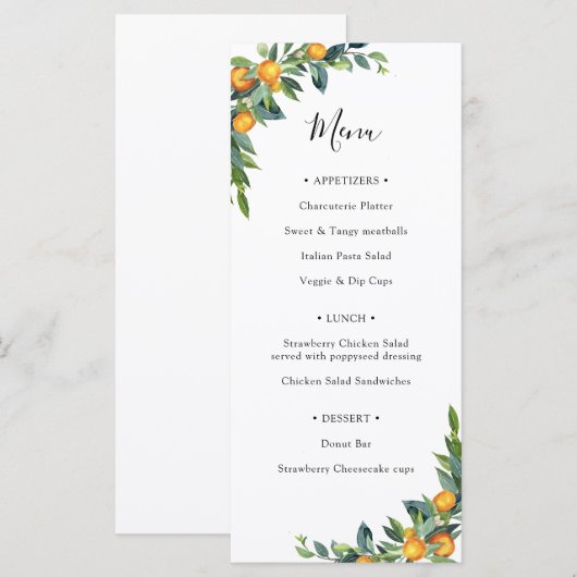 Het menu van het Vrijgezellenfeest van Greenery en (Voorkant / Achterkant)