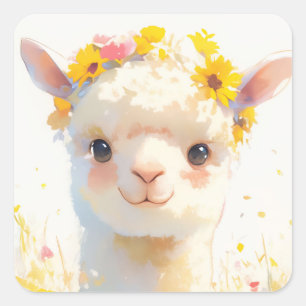 Het met bloemen gekroonde alpaca vierkante sticker