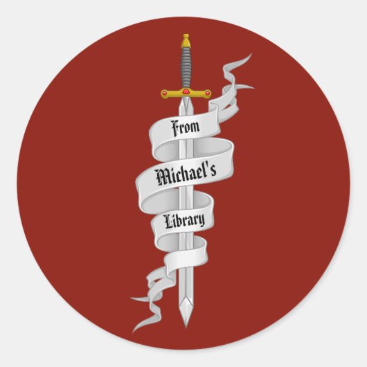Het middeleeuwse zwaard uit de bibliotheek van ronde sticker (Voorkant)
