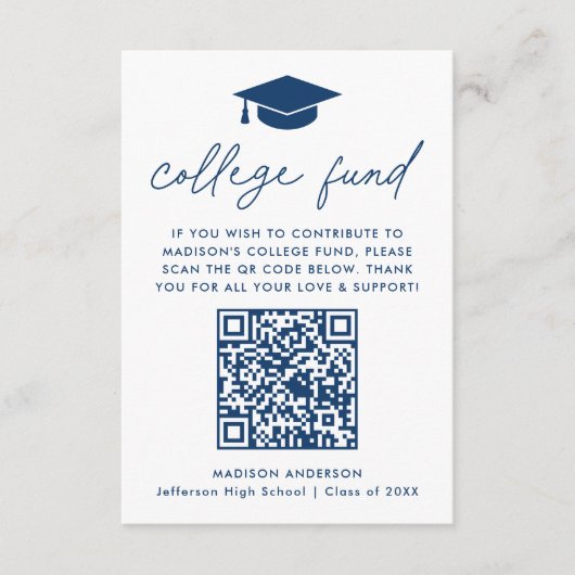 Het Modern Navy Script Afstuderen College Fund Informatiekaartje (Voorkant)