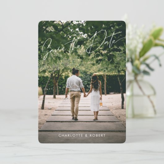 Het moderne Berichten van de Foto van het Manuscri Save The Date (Staand voorkant)