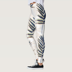 Het moderne blauwe palm laat gouden strepen in het leggings