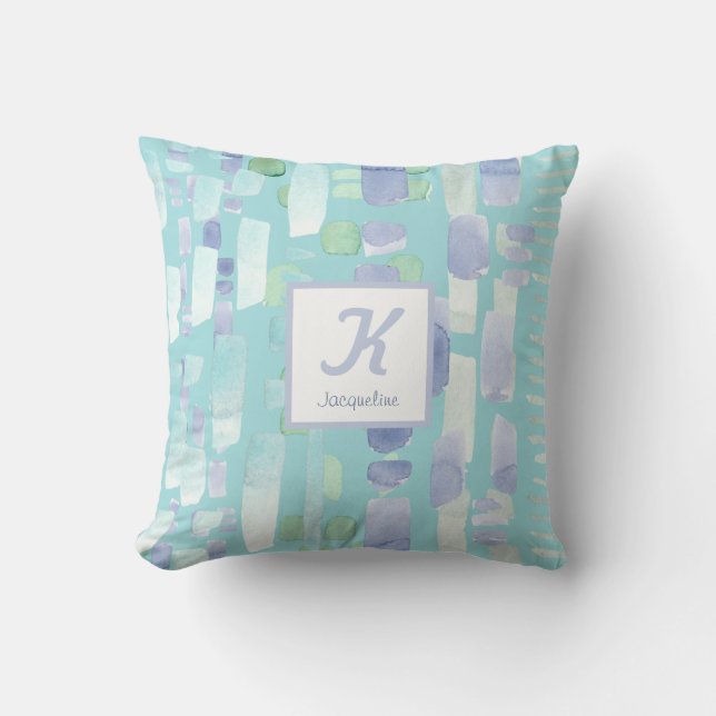 Het moderne Blauwgroen Blauwe Monogram van de Slag Kussen (Voorkant)