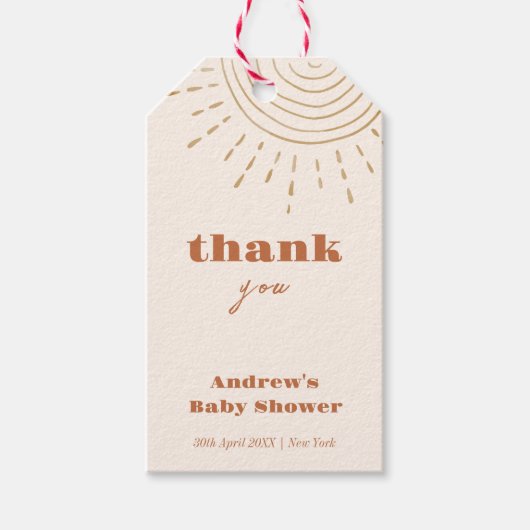 Het moderne Boho hier komt het Son Baby shower Cadeaulabel (Voorkant)