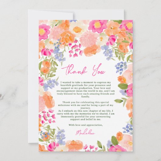 Het moderne Boho Peach en Pink Floral Afstuderen Bedankkaart (Voorkant)