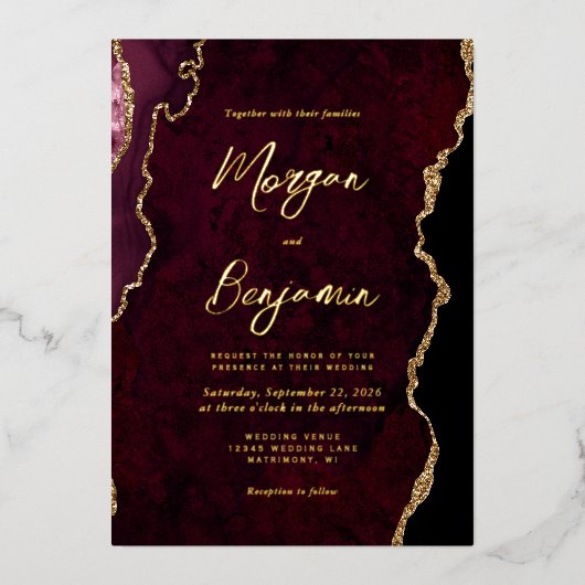 Het moderne Burgundy Red Agate-script bruiloft Folie Uitnodiging (Voorkant)