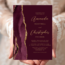 Het moderne Burgundy Red Gold Agate-script bruilof Kaart