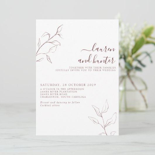 Het moderne Burgundy Script Botanical Photo Weddin Kaart (Staand voorkant)