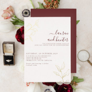 Het moderne Burgundy Script Botanical Wedding Gold Folie Uitnodiging