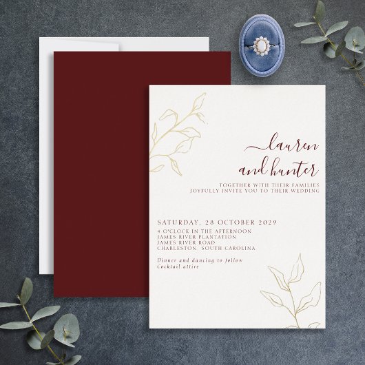 Het moderne Burgundy Script Botanical Wedding Gold Folie Uitnodiging