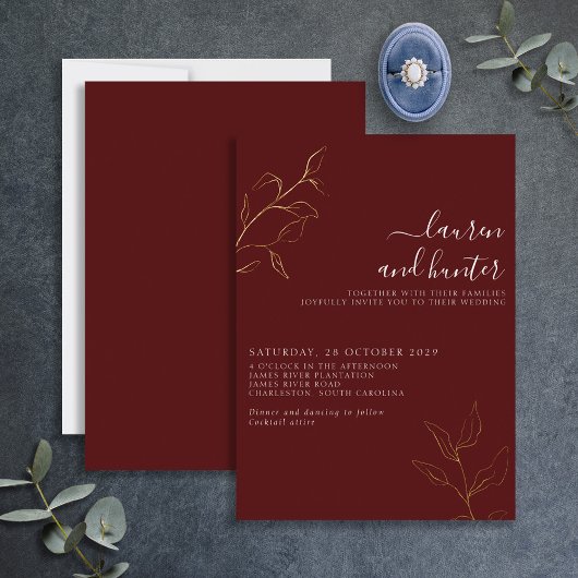 Het moderne Burgundy Script Botanical Wedding Gold Folie Uitnodiging