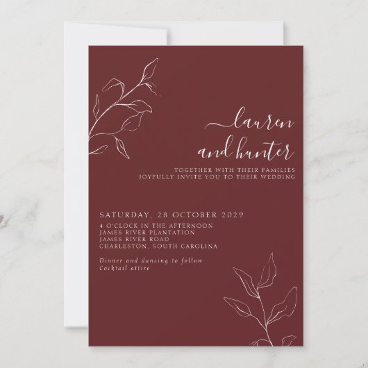 Het moderne Burgundy Script Botanical Wedding Invi Kaart (Voorkant)