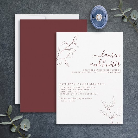 Het moderne Burgundy Script Botanical Wedding Kaart