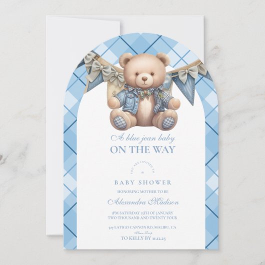 Het moderne Denim Teddy Bear Baby shower Kaart (Voorkant)
