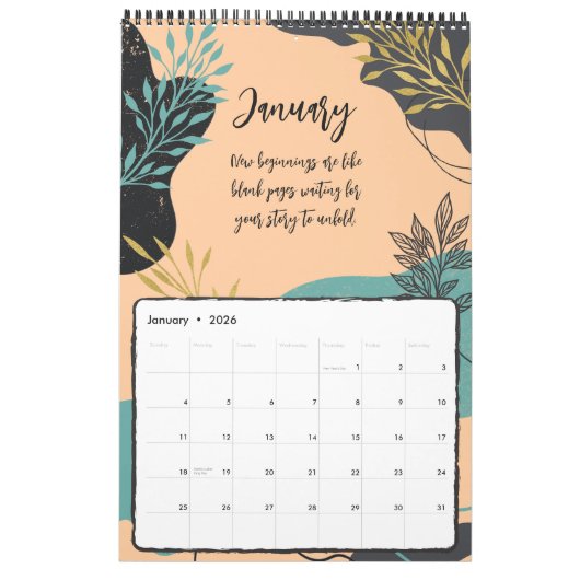 Het moderne gebladerte in aardetonen familiekalend kalender (Jan 2026)