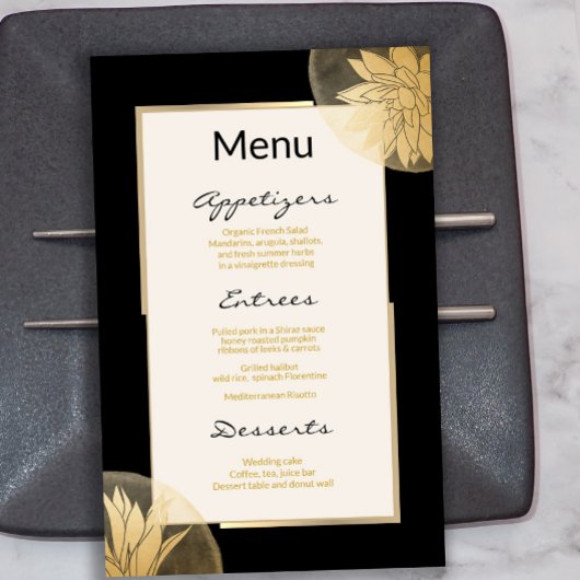 Het moderne Gold Succulents Wedding Menu op Black