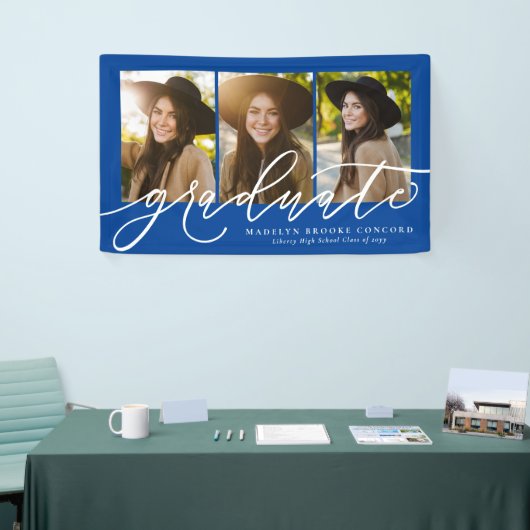 Het moderne manuscript afstuderen drie foto blauw spandoek (Beurs)