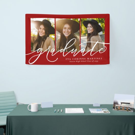 Het moderne manuscript afstuderen drie foto rood a spandoek (Beurs)