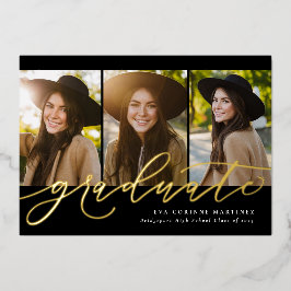 Het moderne manuscript afstuderen eenvoudig 3 foto folie uitnodiging