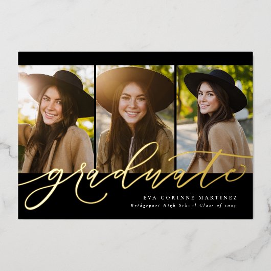 Het moderne manuscript afstuderen eenvoudig 3 foto folie uitnodiging (Voorkant)