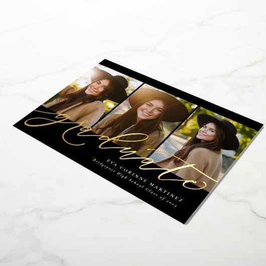 Het moderne manuscript afstuderen eenvoudig 3 foto folie uitnodiging (Gedraaid)