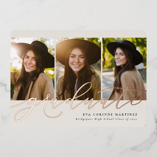 Het moderne manuscript afstuderen roos 3 foto afst folie uitnodiging (Voorkant)