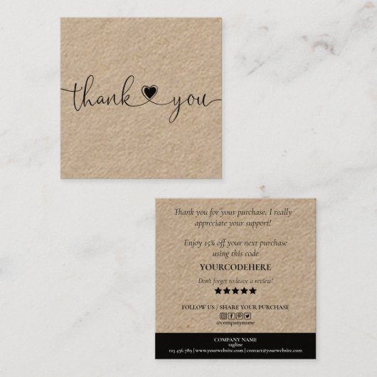 het moderne manuscripthart bedankt u voor uw orde vierkante visitekaartje (Voorkant / Achterkant)