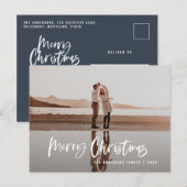 Het moderne, minimale fotoblauw kerstscript feestdagenkaart (Voorkant / Achterkant)