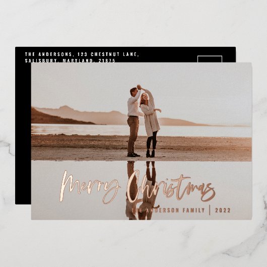 Het moderne, minimale fotoblauw kerstscript folie feestdagenkaart (Voorkant / Achterkant)