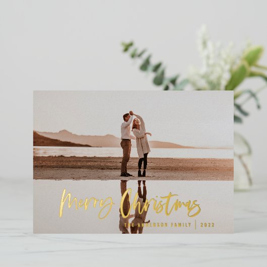 Het moderne, minimale fotoblauw kerstscript folie feestdagenkaart (Staand Voorkant)