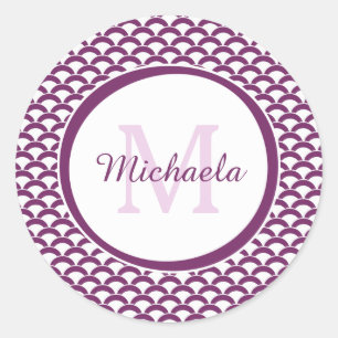 Het moderne Paarse en Witte Monogram en de Naam Ronde Sticker