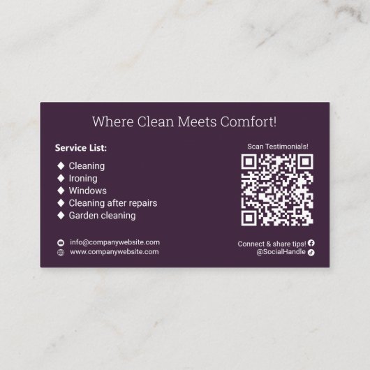 Het moderne Paarse Witte Schoonmaakbedrijf Visitekaartje (Achterkant)