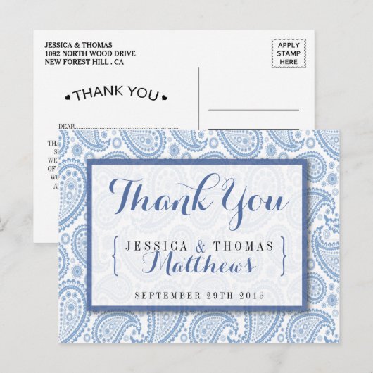 Het moderne Paisley Wedding Collectie - Blauw Briefkaart (Voorkant / Achterkant)