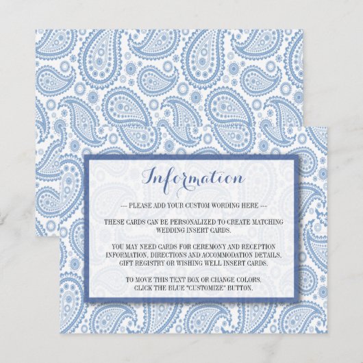 Het moderne Paisley Wedding Collectie - Blauw Informatiekaartje (Voorkant / Achterkant)