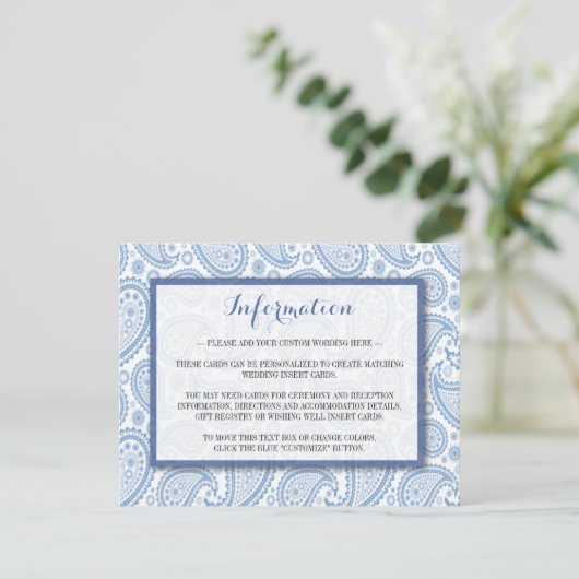 Het moderne Paisley Wedding Collectie - Blauw Informatiekaartje (Staand voorkant)