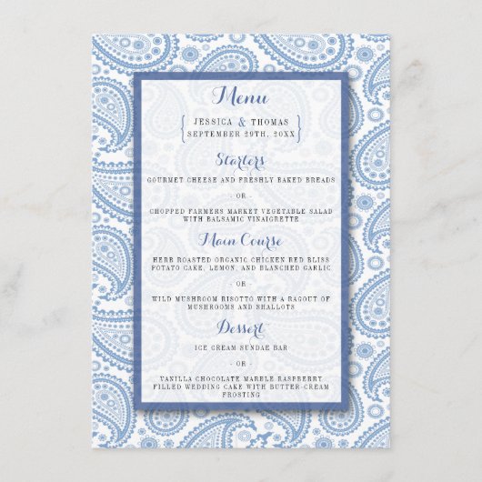 Het moderne Paisley Wedding Collectie - Blauw Menu (Voorkant)