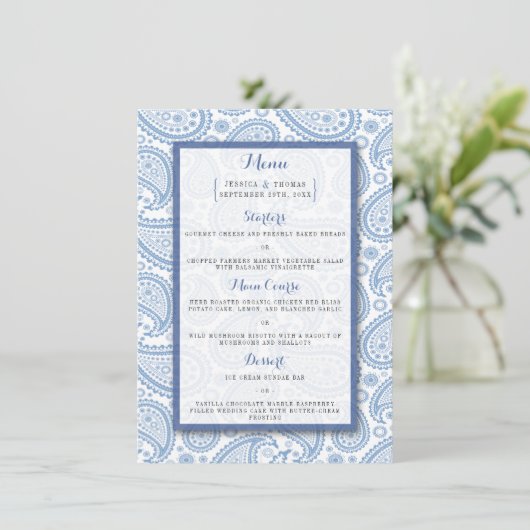 Het moderne Paisley Wedding Collectie - Blauw Menu (Staand voorkant)