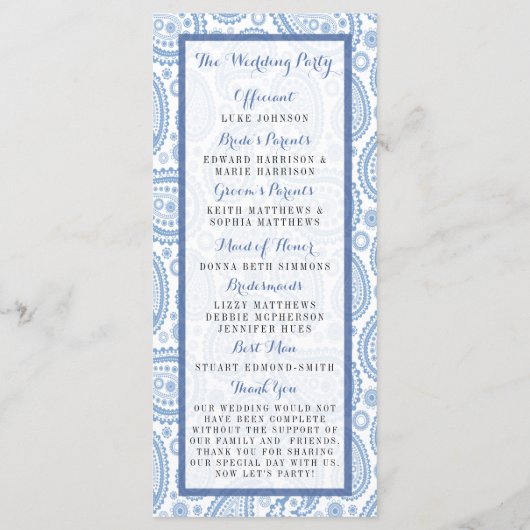 Het moderne Paisley Wedding Collectie - Blauw Programmakaart (Achterkant)